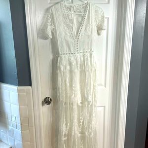 White maxi dress with lace detailing